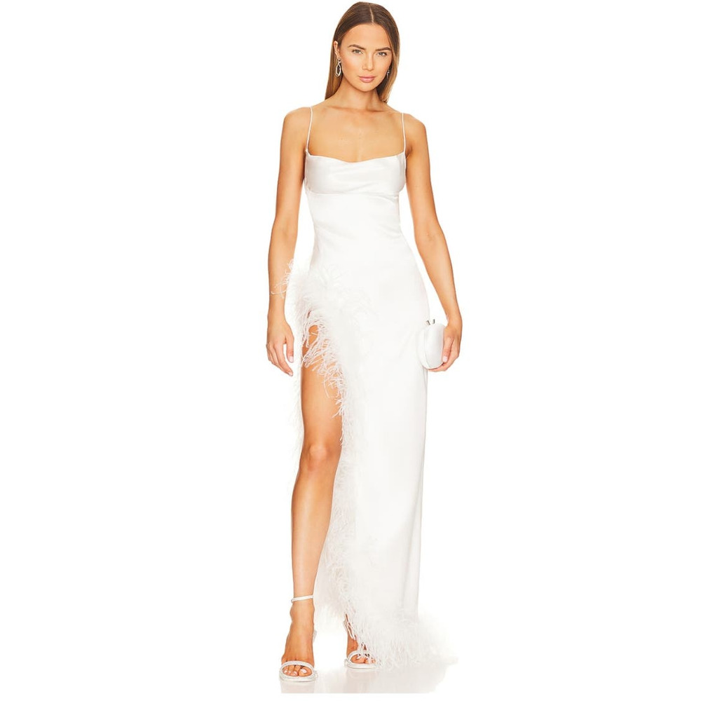 Retrofete Priscilla Dress White Feathers XS? Sleeveless Satin Fabric Thigh Slit